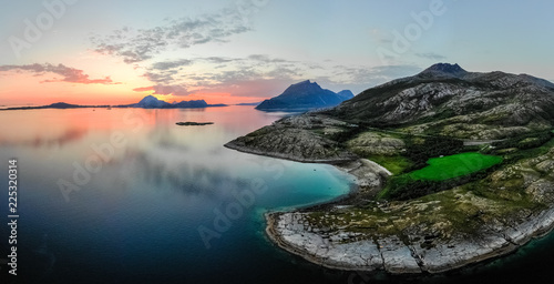 Aerial view of norwegian fjords at sunset photo