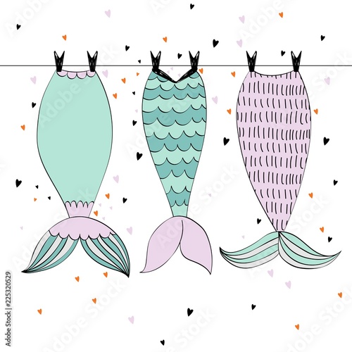 Vector hand drawn illustration with mermaid tails