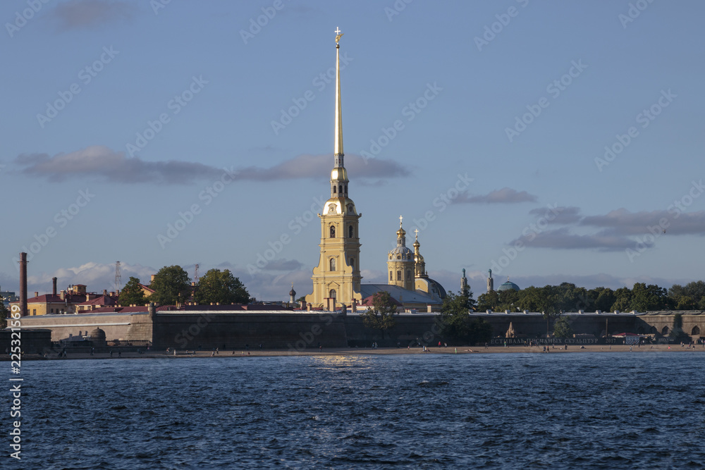 Peter and Paul fortress and orthodox Peter and Paul cathedral, view from Neva river.