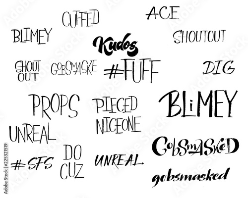 Popular English Language Slang Words Doodle Lettering Set kudos sfs blimey unreal gobmasked pieced guz niceone cuffed