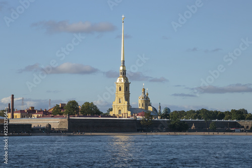 Peter and Paul fortress and orthodox Peter and Paul cathedral, view from Neva river.