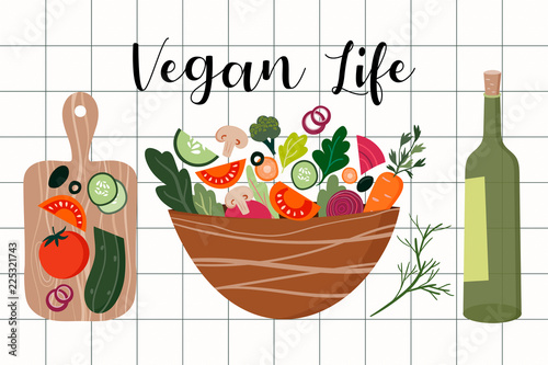 Fresh vegetables salad with olive oil and wooden board