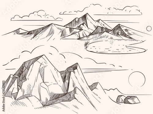 Hand drawing sketched mountain landscapes with lake, stones, clounds artwork. Vector illustration