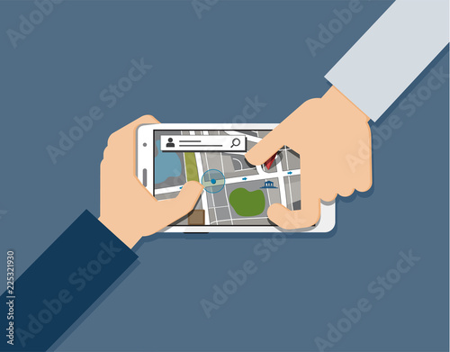 Hands using cell phone. Flat vector illustration of hands holding touchscreen smartphones with applications on screens.