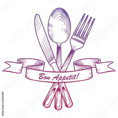 Hand drawn knife, fork, spoon and vintage ribbon. Elegant cutlery serving vector illustration