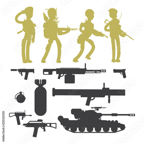 Silhouettes of military soldiers, ammunition, guns and weapons isolated on whiye background vector collection illustration
