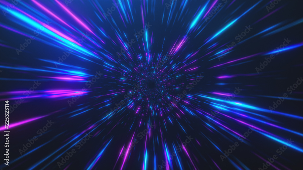 Abstract flight in retro neon hyper warp space in the tunnel 3d illustration