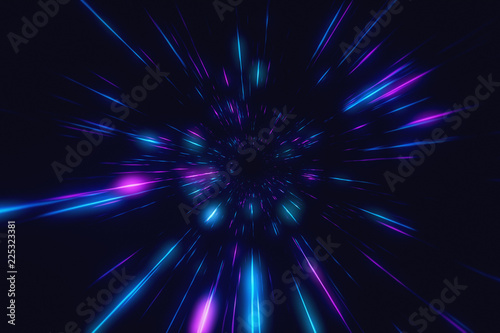 Abstract flight in retro neon hyper warp space in the tunnel 3d illustration photo
