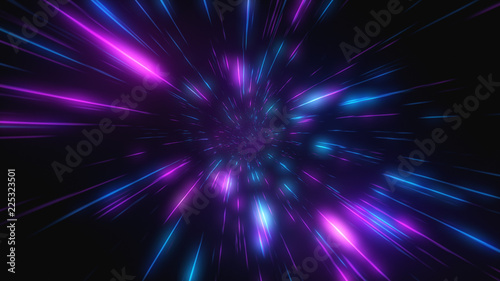 Fotografia Abstract flight in retro neon hyper warp space in the tunnel 3d illustration