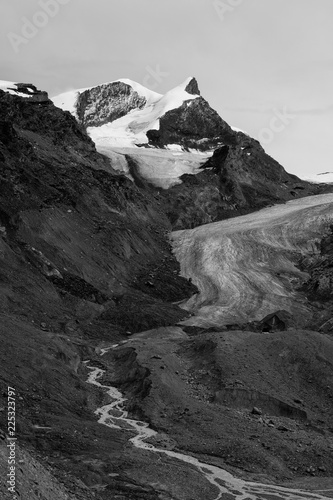 B&W Adlerhorn in clear sky with glaciers Adlergletscher, Findelgletscher and glacier stream