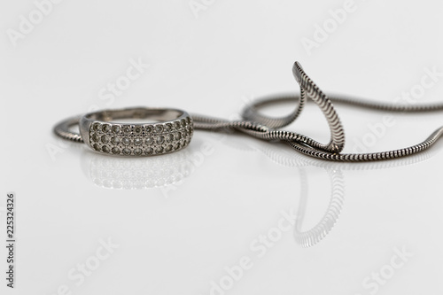 Silver ring with precious stones and fine silver chain