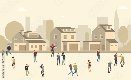 People in dust mask. Men and women suffering from dust in cityscape. Vector illustration. Pollution smog from industry, radioactive unhealthy