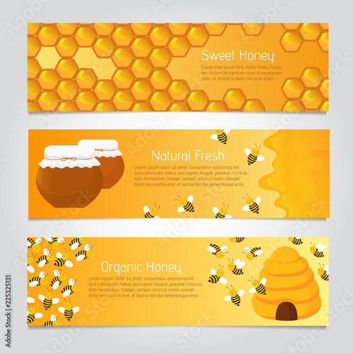 Honey banners. Cute cartoon honeybees with beehive. Vector set of honeybee poster, natural food and honeycomb illustration