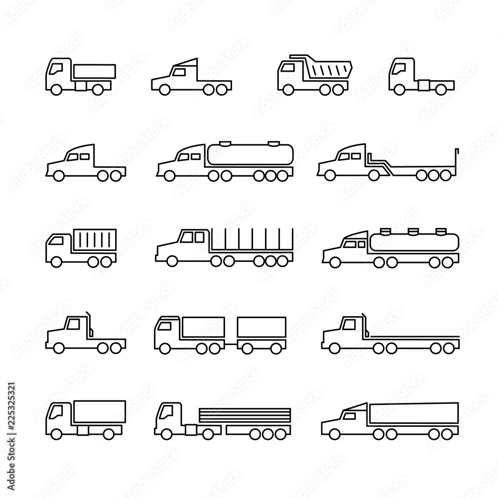 Truck line icons. Delivery trailers, cargo trukcs, dumpers and van. Transportation vector outline isolated symbols. Vehicle van, dumper lorry for cargo freight illustration Truck line icons. Delivery trailers, cargo trukcs, dumpers and van. Transportation vector outline isolated symbols. Vehicle van, dumper lorry for cargo freight illustration