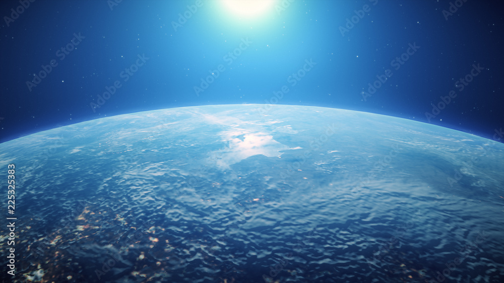 Sunrise of the blue digital sun above the Earth from space 3d illustration