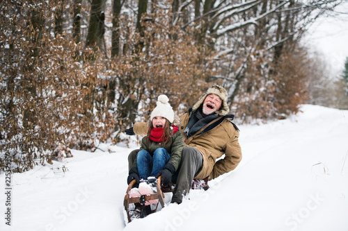 Grandfather and small girl sledging on a winter day.