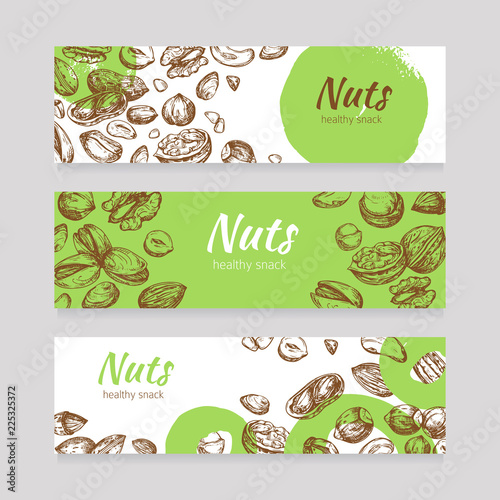 Eating nuts and seeds banners. Healthy food banner set in engraving style. Poster with nuts vintage drawing, vector illustration