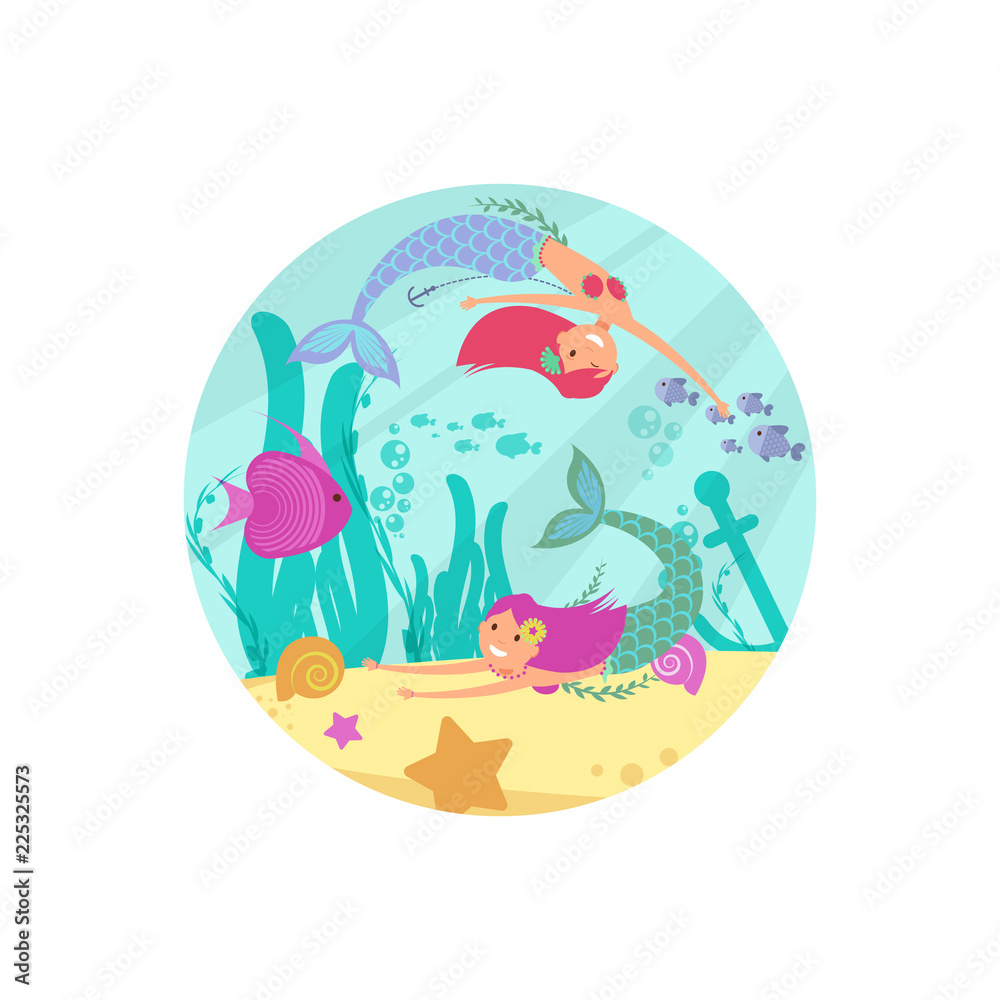 Cartoon fairytale underwater vector banner with mermaids and fishes. Mermaid fish from fairytale, girl underwater illustration Cartoon fairytale underwater vector banner with mermaids and fishes. Mermaid fish from fairytale, girl underwater illustration