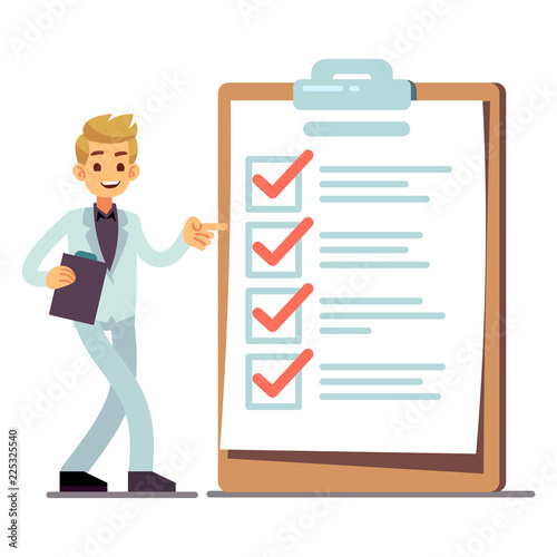 Happy man at giant schedule checklist with tick marks isolated on white background. Vector checklist paper with mark, clipboard document illustration
