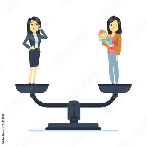 Businesswoman and happy woman kid on scales. Work and life balance business vector concept. Balance business life and family with kid illustration