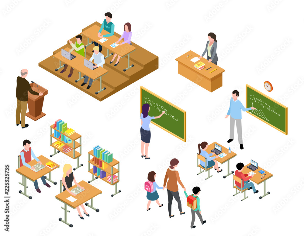 Isometric school. Children and teacher in classroom and library. People ...