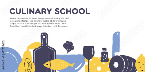 Culinary school banner. Illustration of utensils and food.