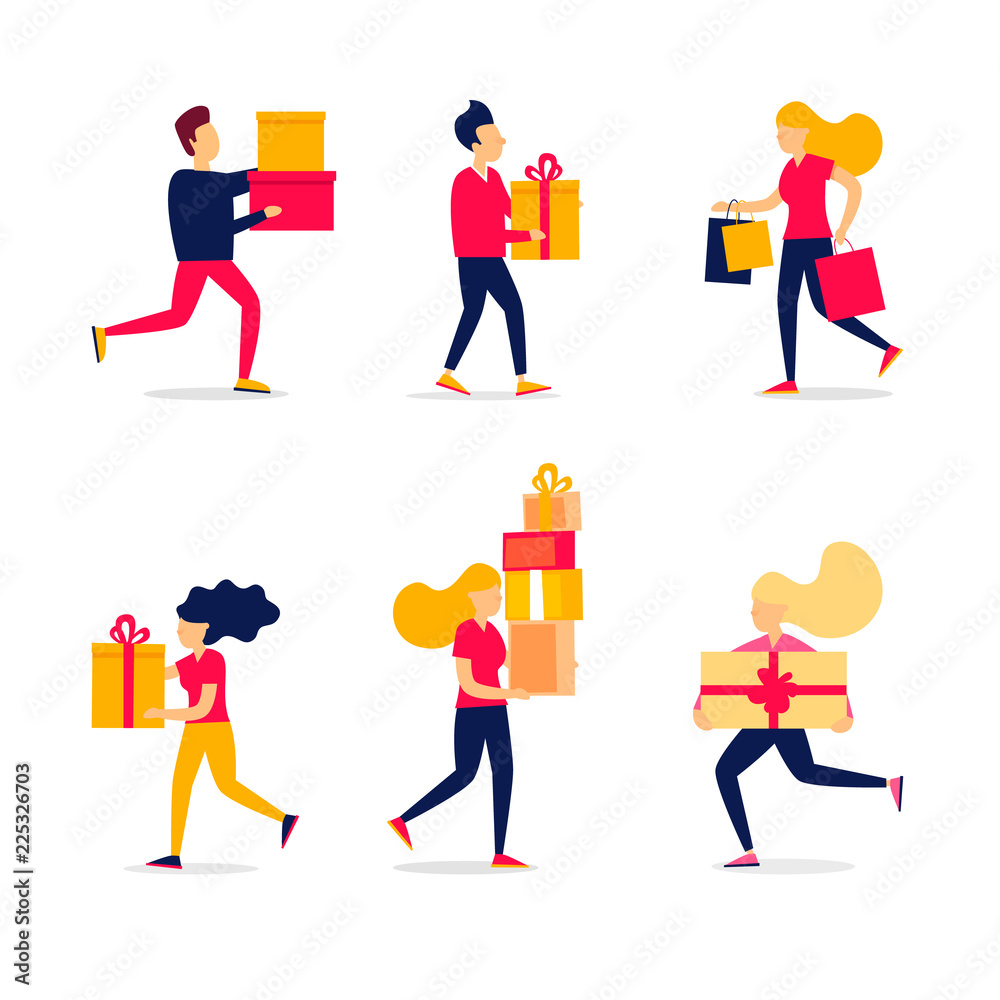 Sales people are running for shopping. Vector illustration 
