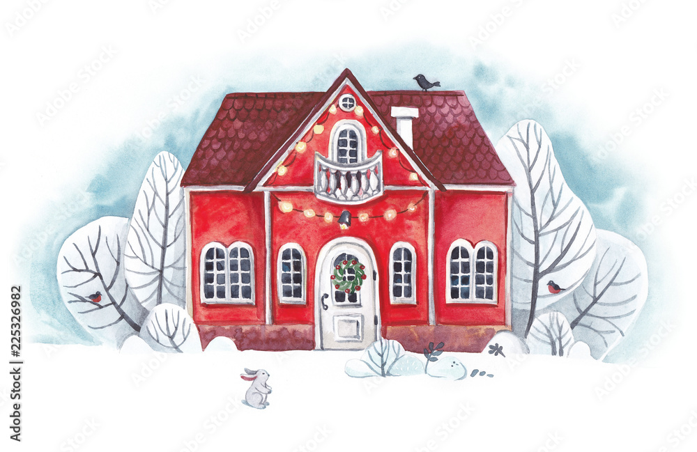 Fototapeta premium Red Christmas house among the snowy trees. Watercolor illustration.