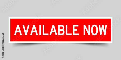Label sticker red color in word available now on gray background