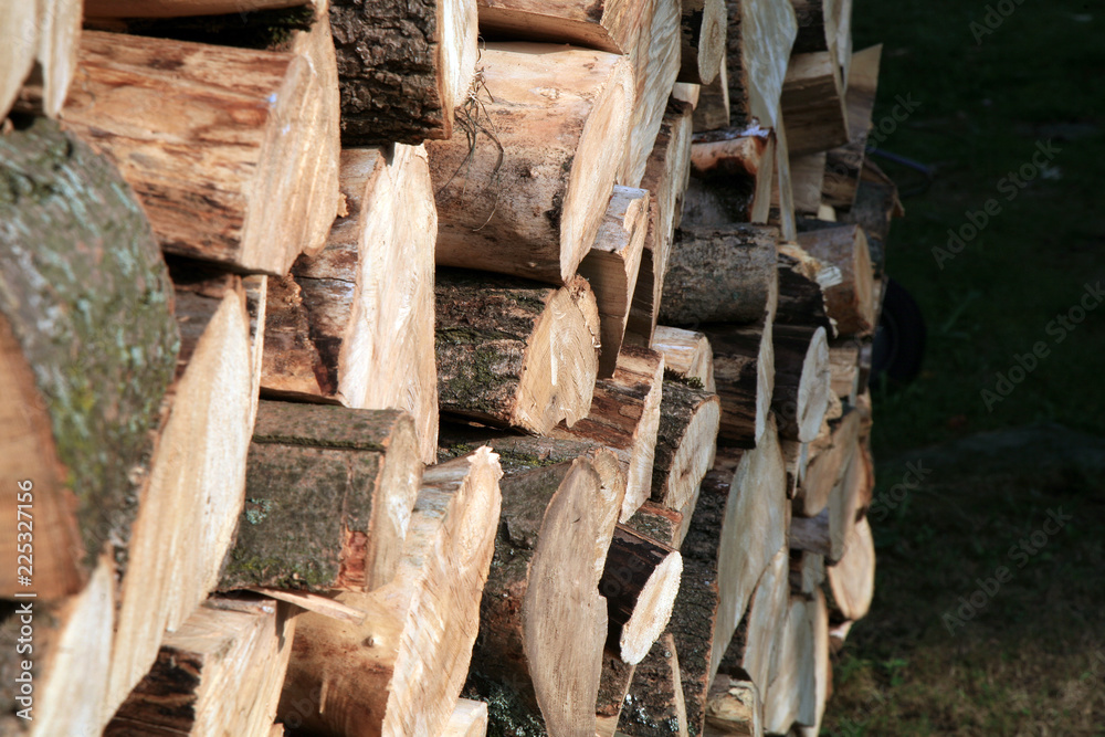 Pile of firewood. Preparation of firewood for the winter at an old farm house on the farm. Pile of firewood. Preparation of firewood for the winter at an old farm house on the farm.