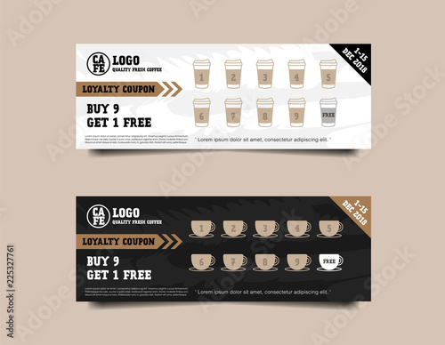 Loyalty card for cafe coffee. Stamps card collect 9 get 1 free. Realistic coffee top view vector and illustration isolated on white background 