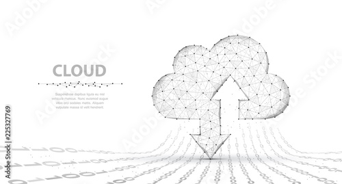 Cloud technology. Abstract polygonal wireframe cloud storage sign with two arrows up and down isolated on white with dots.