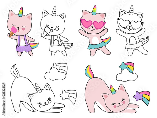 Cartoon character cats unicorn vector illustration. Coloring with outline and colorful kittens isolated on white