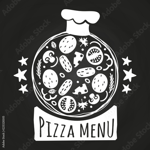Chalk board pizza. Pizzeria menu chalk banner vector design isolated on black illustration