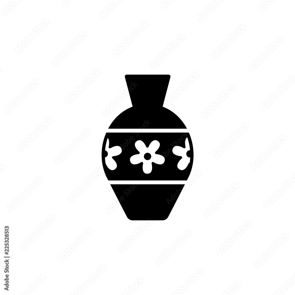 Black & white vector illustration of vase with floral ornament. Flat icon of decorative ceramic container for home & office. Isolated on white background.