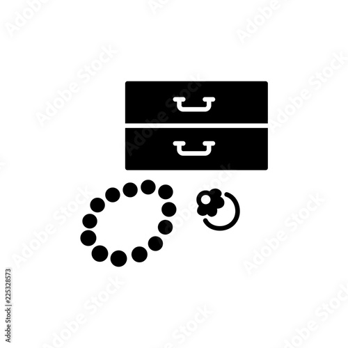 Black & white vector illustration of jewelry holder with ring, bracelet. Decorative jewellery organizer box. Flat icon of storage furniture with shelves. Isolated on white background. 