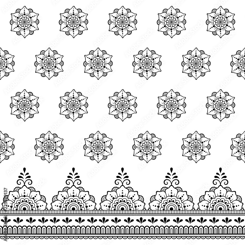 Fototapeta premium Seamless decorative pattern borders with flower for design, application of henna, Mehndi and tattoo in ethnic oriental indian style.