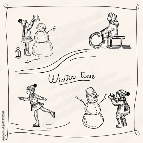 Vector illustration. Winter pen style set. Children outdoors. Snowman. Skates, sled. Vacation time.
