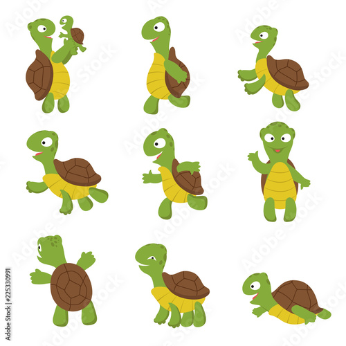 Cute turtle. Green tortoise child in various poses. Vector characters isolated. Illustration of green character with shell, turtle happy