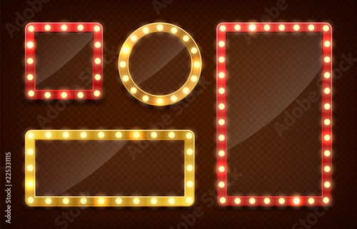 Makeup mirror. Circle and rectangle mirrors frame with light bulbs and mirrored reflection. Isolated vector set of mirror with bulb frame, vintage banner decoration glowing