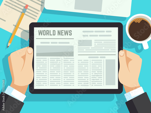Businessman reading news on on table. Online newspaper, daily magazines. Business news at breakfast vector concept. Business daily digital newspaper media illustration