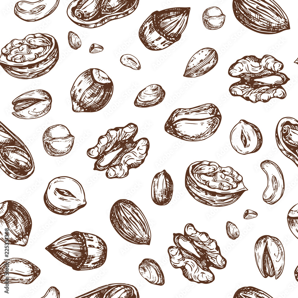 Nuts seamless pattern. Dried fruit and nut endless vector texture. Illustration of nut food seamless pattern background - obrazy, fototapety, plakaty 