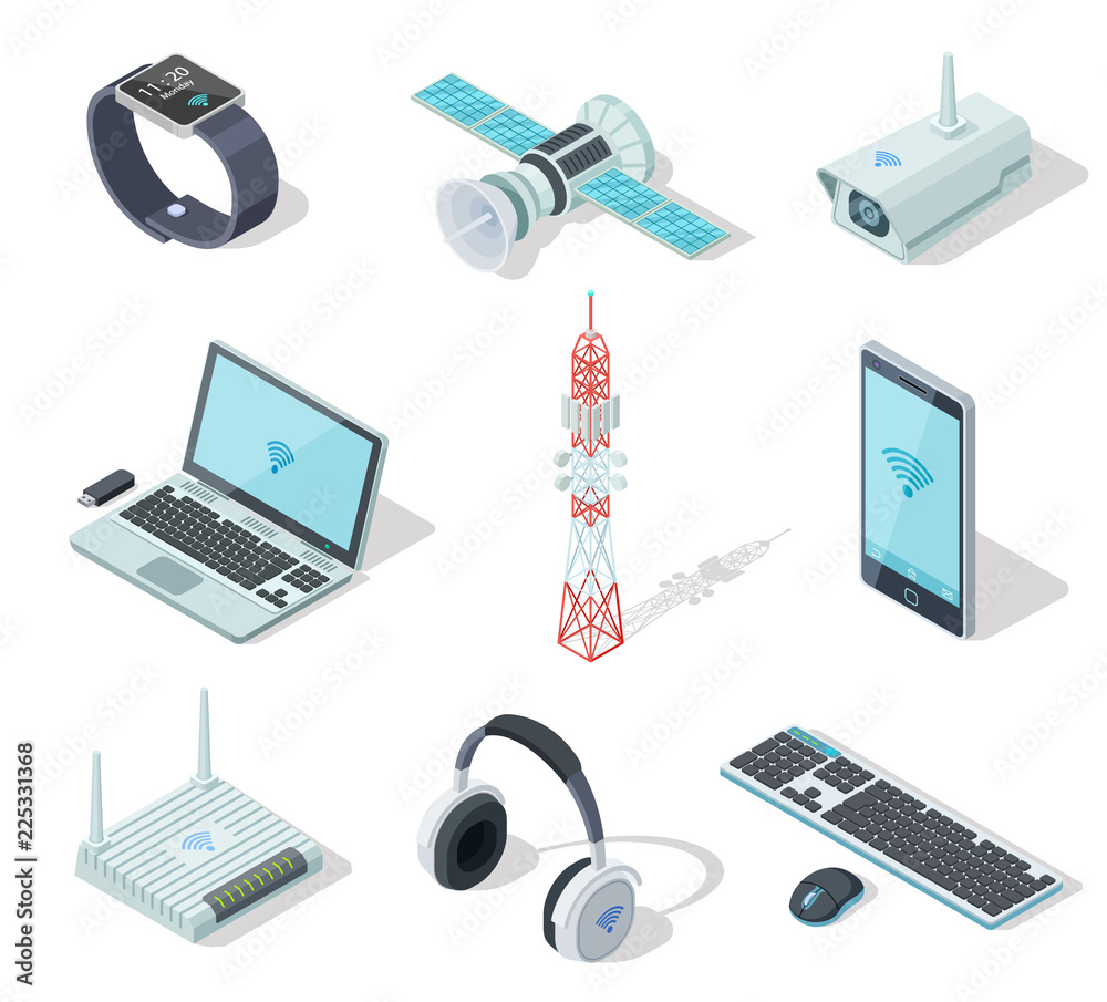 Electronic devices. Isometric wireless gadgets connection. Remote  controller, cell phone router. Connection technology 3d vector set.  Illustration of device electronic wireless Stock Vector | Adobe Stock