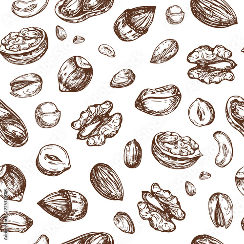 Nuts seamless pattern. Dried fruit and nut endless vector texture. Illustration of nut food seamless pattern background