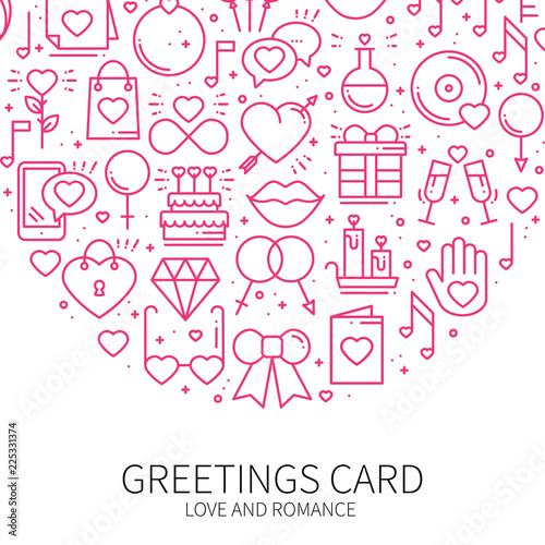 Circle with love symbols in line style. Love couple relationship dating wedding romantic amour concept theme. Unique Valentine day round print. Elements, icons. © krolja