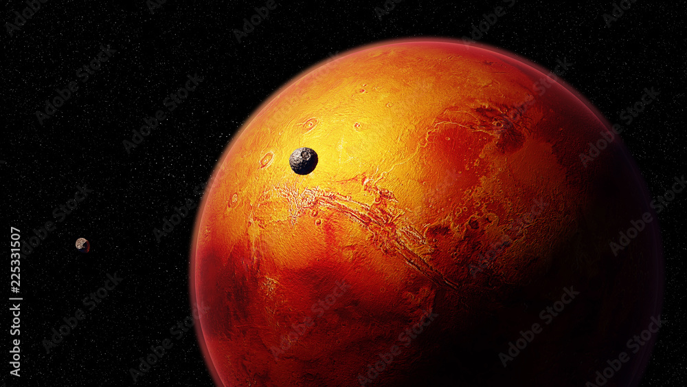 Fototapeta premium red planet Mars with moons Phobos and Deimos, part of the solar system