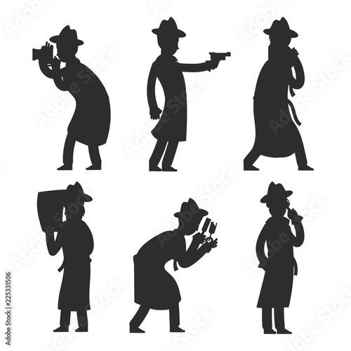Detective silhouettes isolated on white. Policeman silhouettes vector illustration. Detective police investigator, private inspector