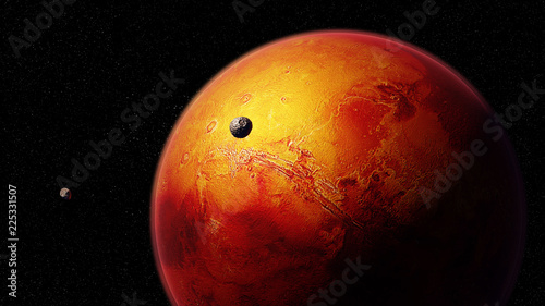Fototapeta Naklejka Na Ścianę i Meble -  red planet Mars with moons Phobos and Deimos, part of the solar system