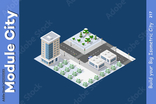 Isometric Winter Christmas town with snow and trees