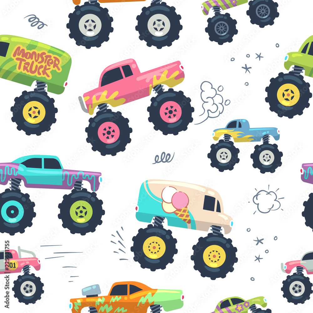 Monster cars seamless pattern. Kid trucks with big wheel. Vector endless background. Pattern and background seamless, monster car with large wheel illustration